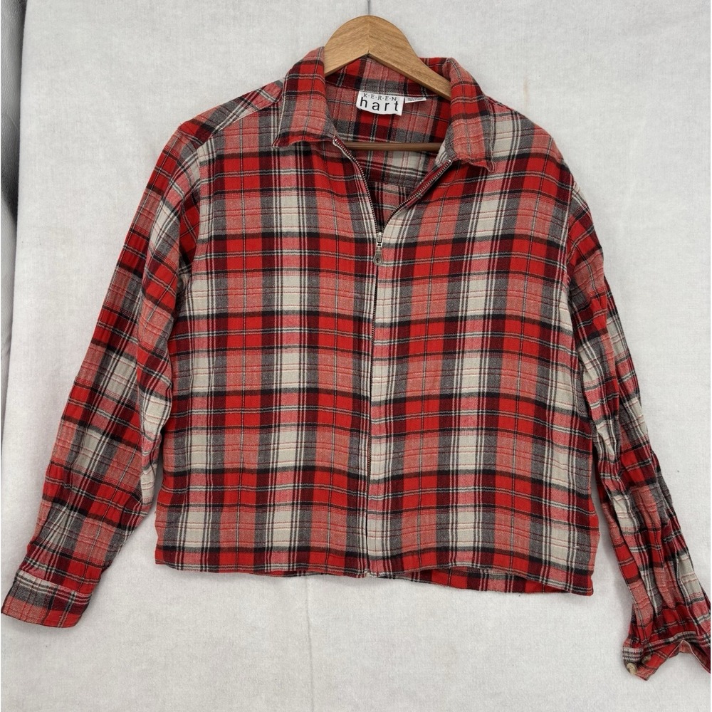 Vintage KEREN Hart Red Plaid Cropped Zip Jacket Tartan Womens L Grunge